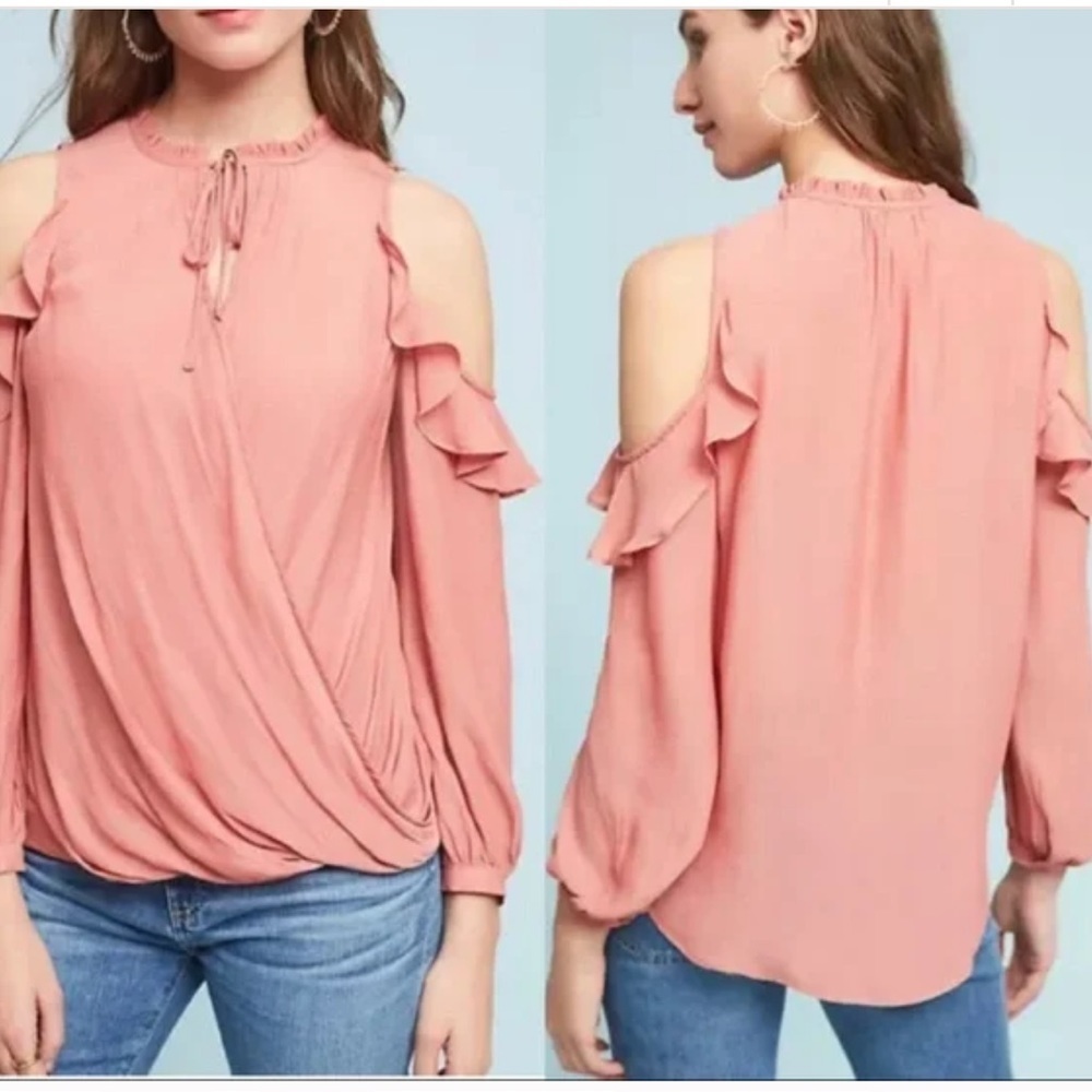 Anthropologie Maeve Liesl Dusty Pink Mauve‎ Womens Cold Shoulder Ruffle Blouse